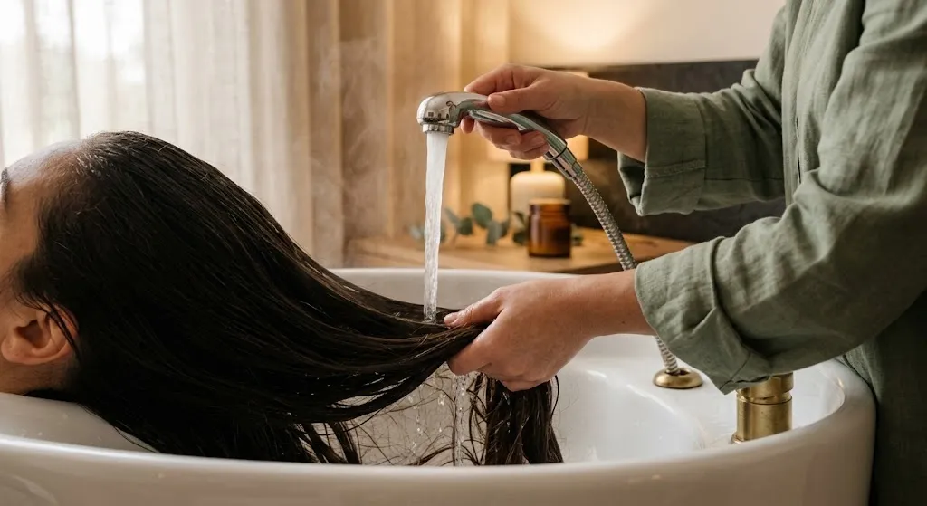 Água morna a correr pelo cabelo no lavatório do head spa