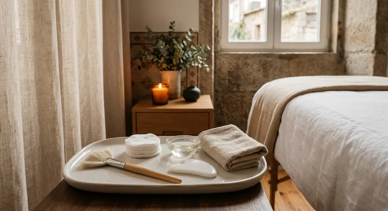 Utensílios de tratamento facial e sérum num tabuleiro
