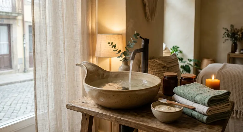 Lavatório de head spa com água morna e toalhas dobradas