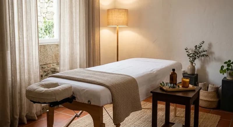 Marquesa de massagem com toalha dobrada e luz quente