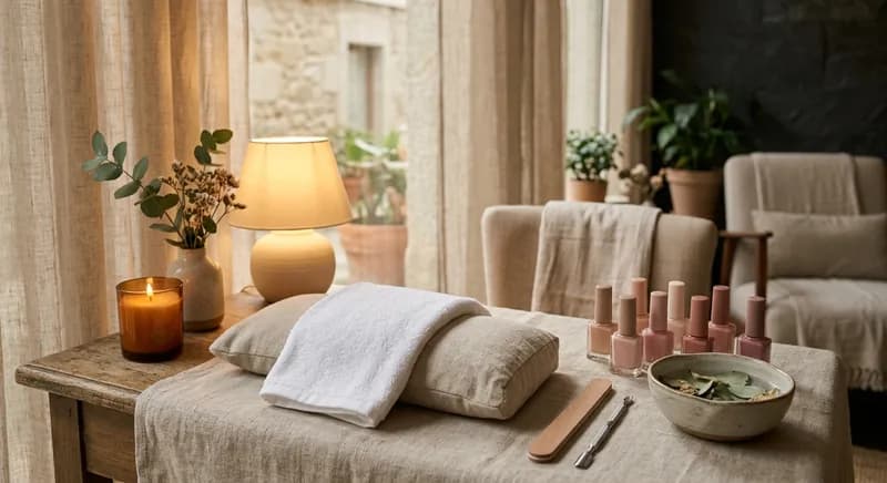 Mesa de manicure com vernizes nude e uma toalha de mãos